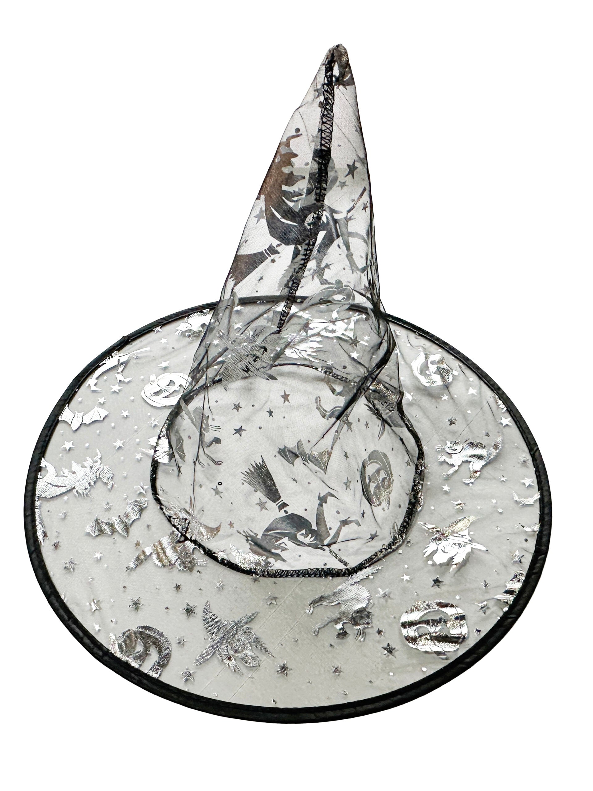 Black Witch Hat with Silver Halloween Prints-0
